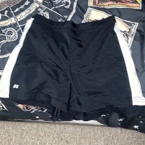Black athletic shorts with white stripe on each side.